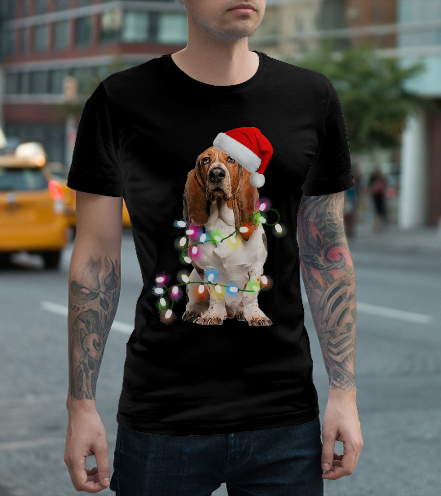 Basset Hound With Santa Hat And Colorful Christmas Lights T-Shirt