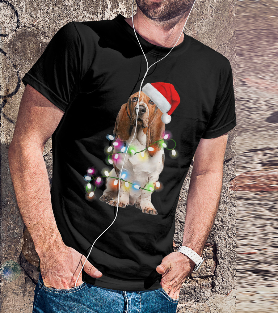 Basset Hound With Santa Hat And Colorful Christmas Lights T-Shirt
