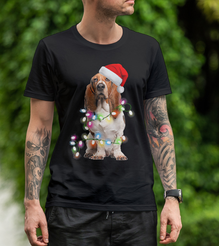 Basset Hound With Santa Hat And Colorful Christmas Lights T-Shirt