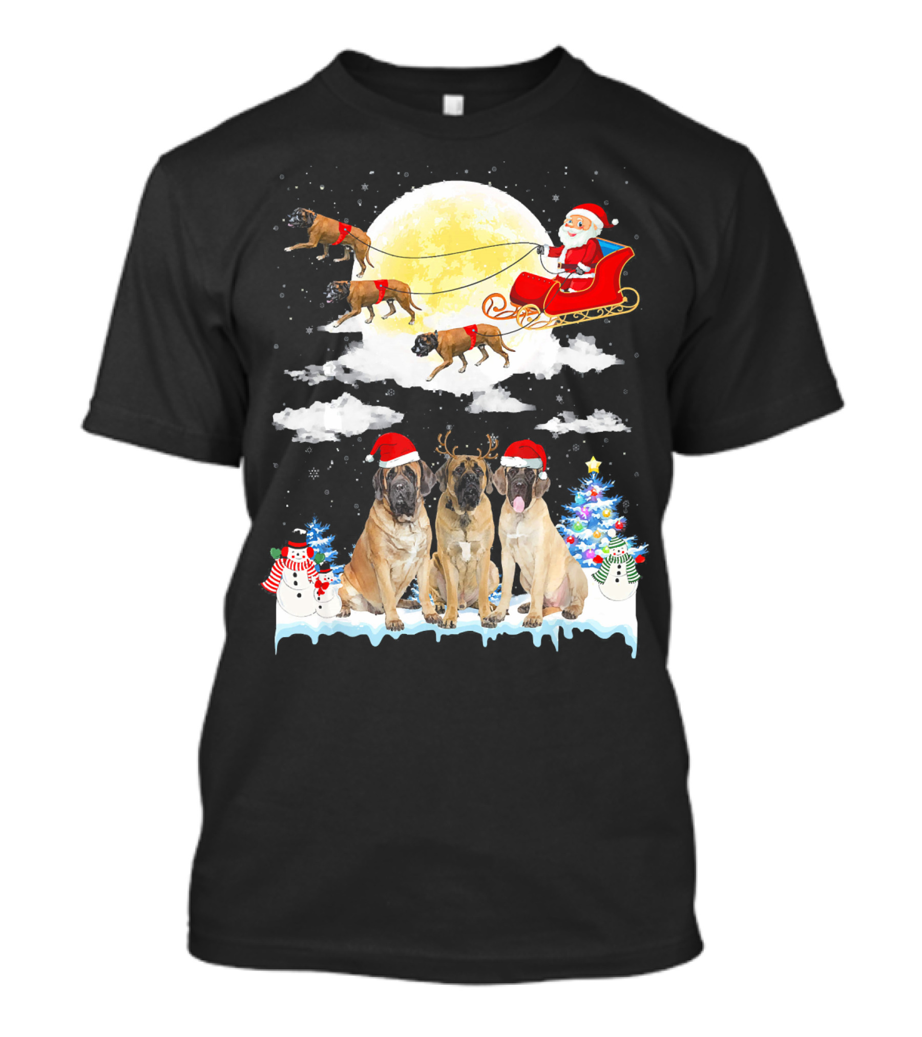 English Mastiff Dogs Santa Sleigh Christmas Moon Snowmen T-Shirt