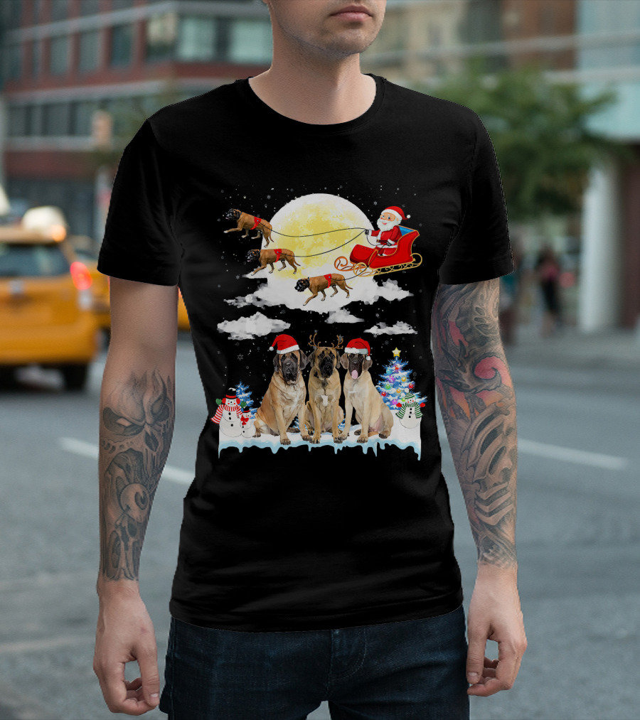 English Mastiff Dogs Santa Sleigh Christmas Moon Snowmen T-Shirt