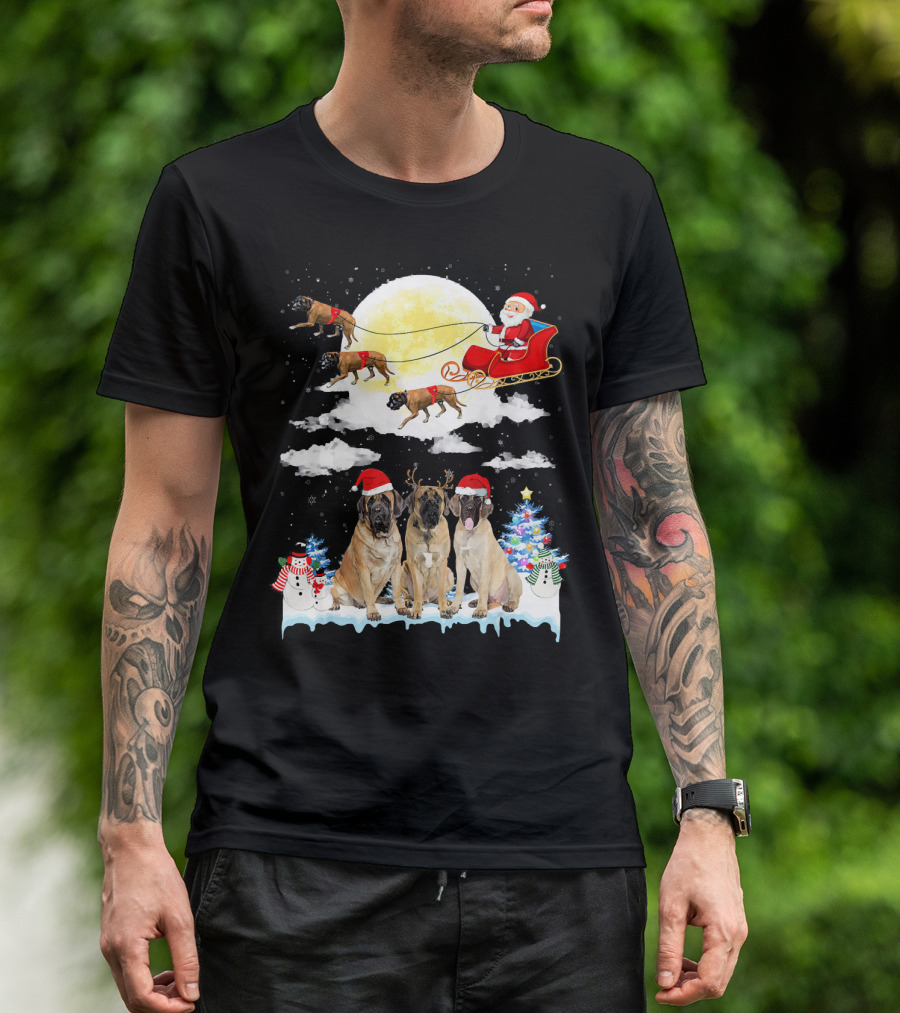 English Mastiff Dogs Santa Sleigh Christmas Moon Snowmen T-Shirt