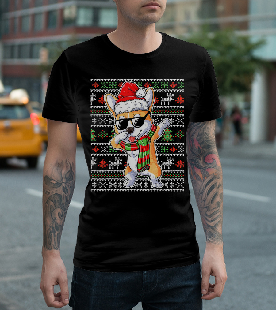 Corgi Dog Dabbing Santa Hat Ugly Christmas T-Shirt