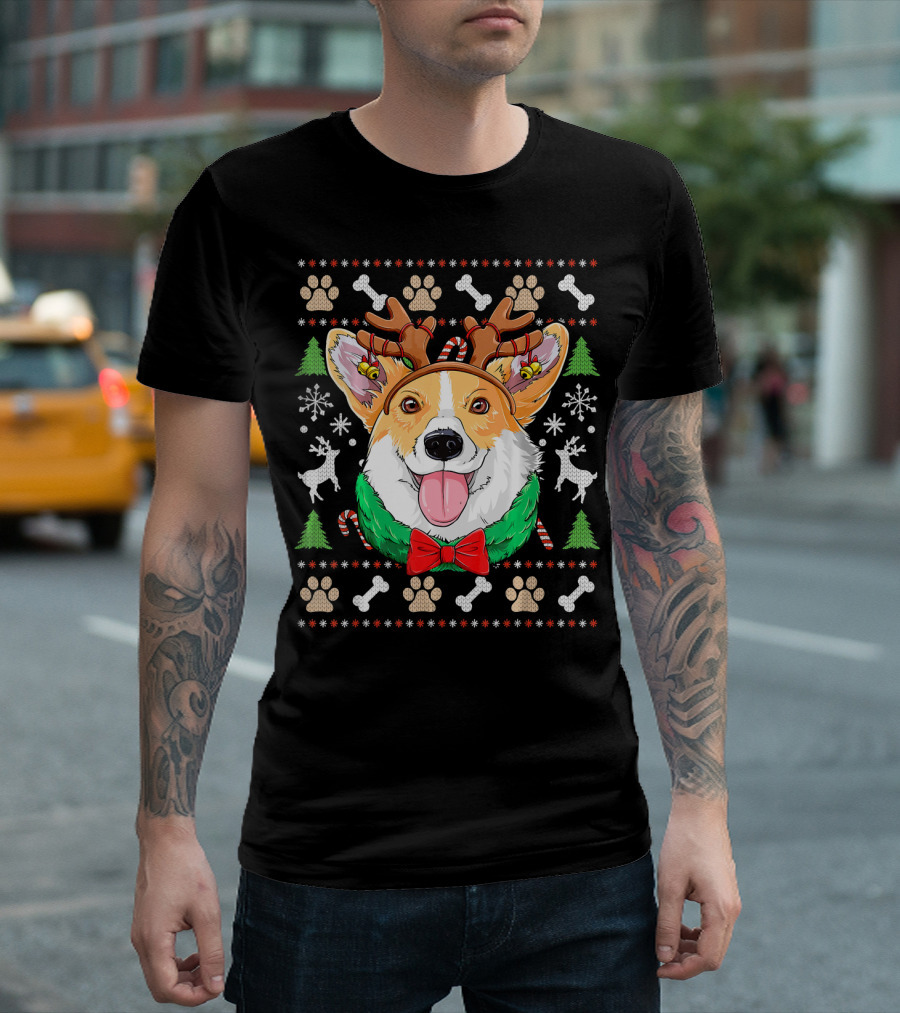 Corgi Merry Christmas Ugly Sweater Reindeer Antlers Trees Candy Canes Paws and Bones T-Shirt