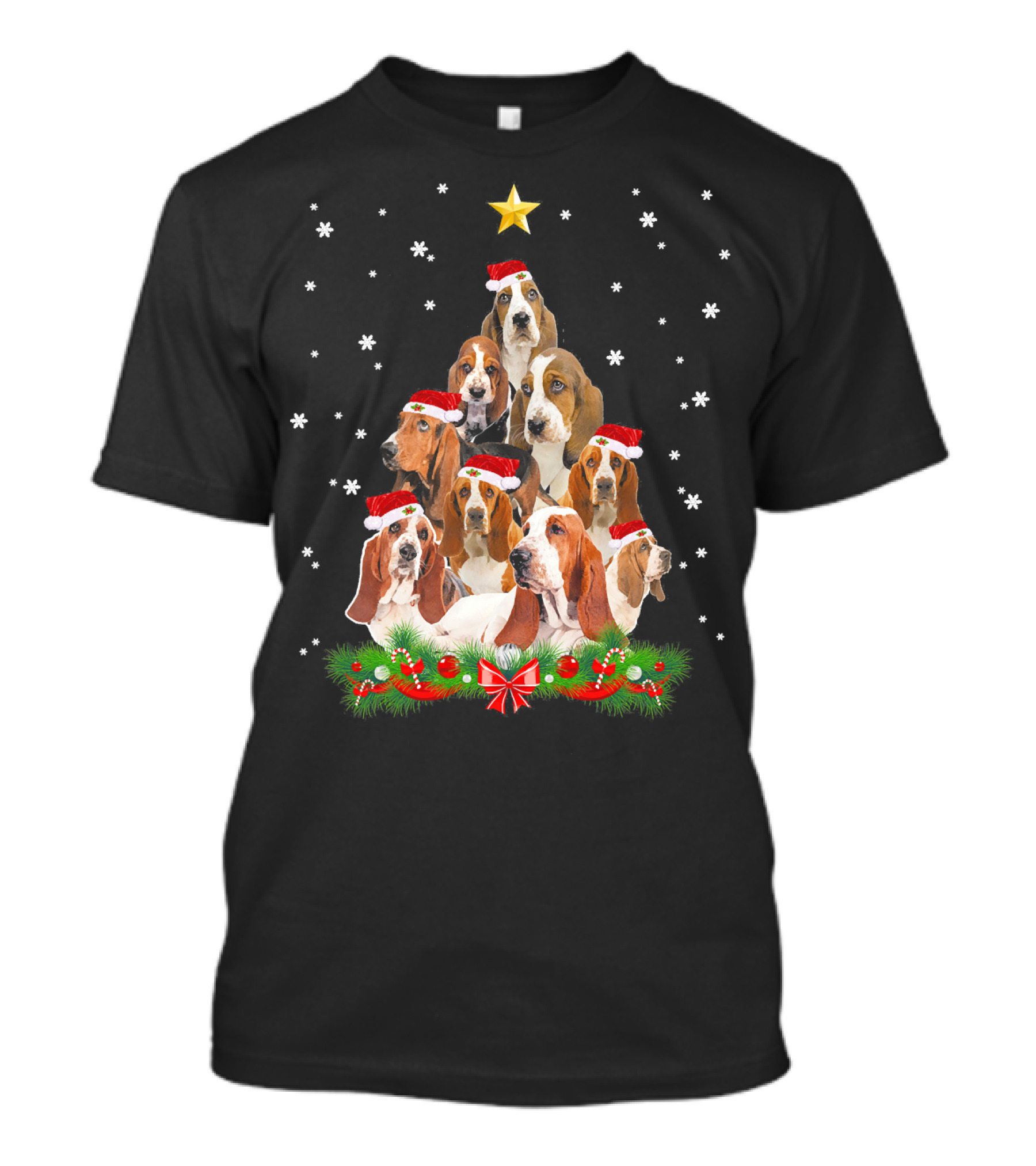 Santa Hat Basset Hound Christmas Tree Star Snowflakes T-Shirt