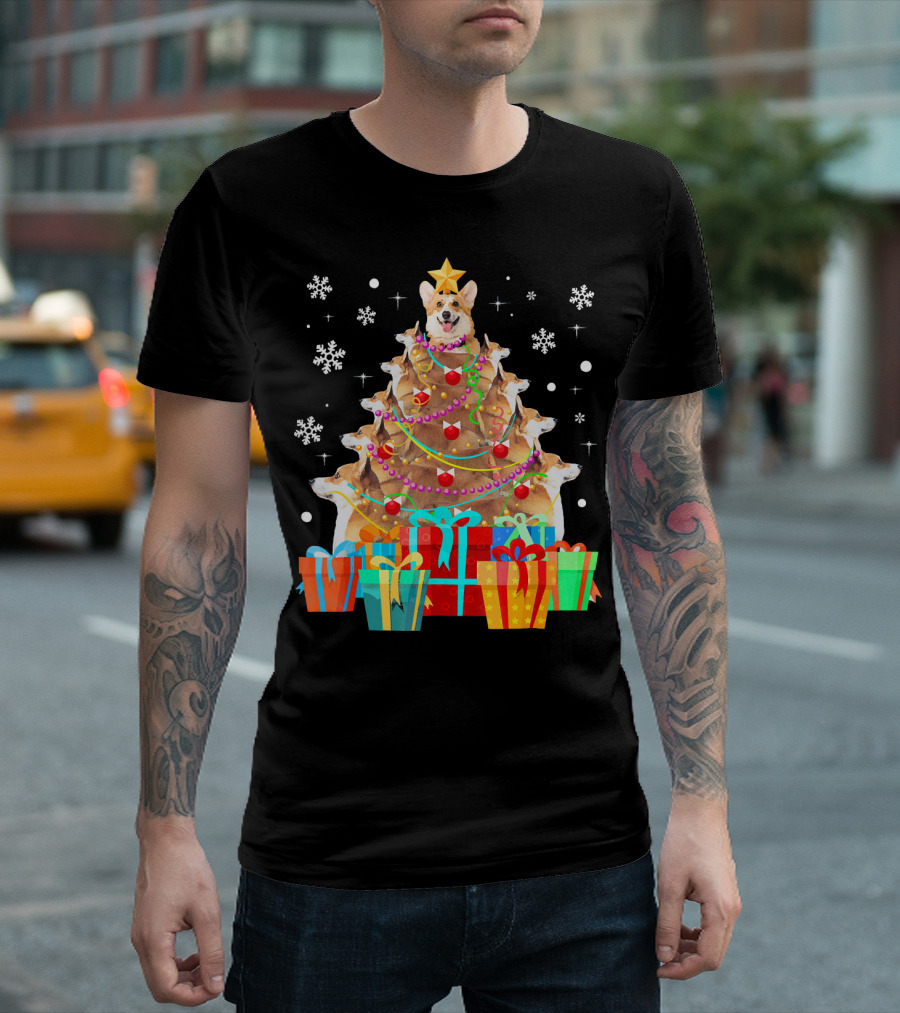 Cute Corgi Christmas Tree with Presents and Snowflakes T-Shirt