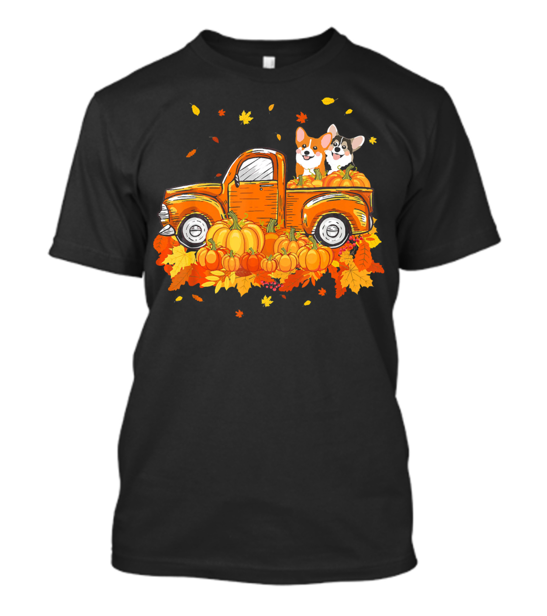 Corgi Pumpkin Pickup With Autumn Leaves Halloween Scene T-Shirt