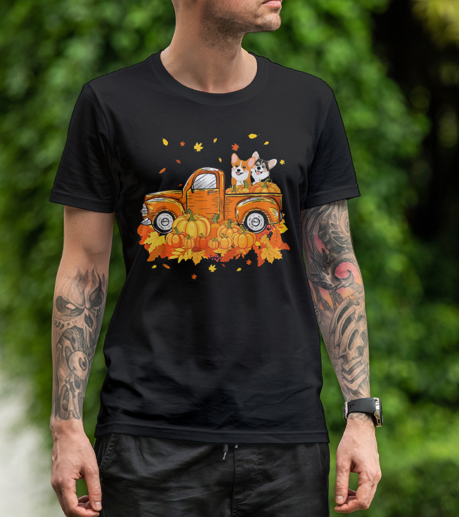 Corgi Pumpkin Pickup With Autumn Leaves Halloween Scene T-Shirt