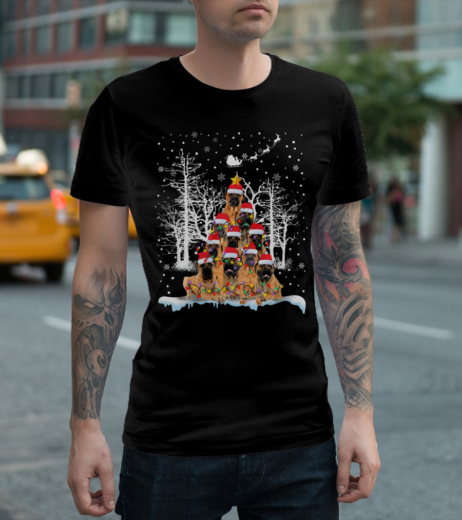 BullMastiff Christmas Tree Santa Sleigh Dog Lovers Holiday Scene T-Shirt