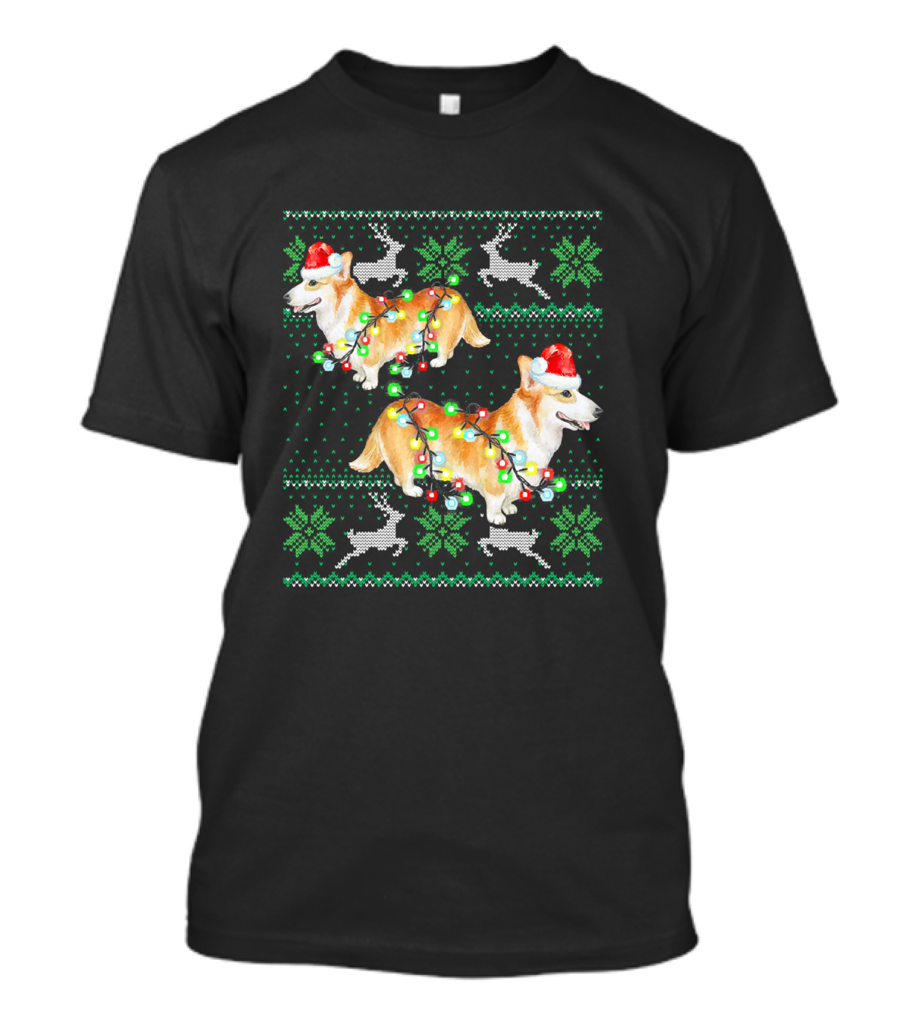 Corgi Dog Ugly Christmas Funny Lights Santa Hat Reindeer Snowflake T-Shirt
