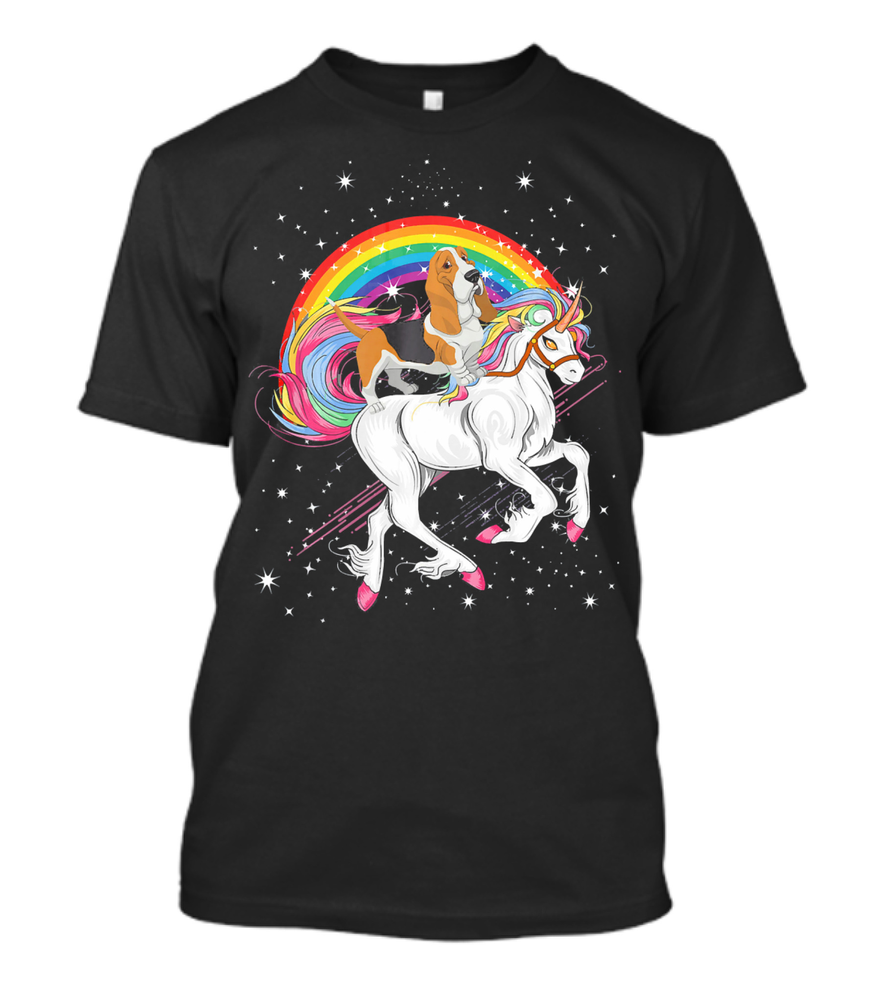 Basset Hound Riding Unicorn Rainbow Space Galaxy Stars T-Shirt