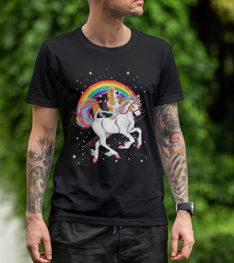 Basset Hound Riding Unicorn Rainbow Space Galaxy Stars T-Shirt
