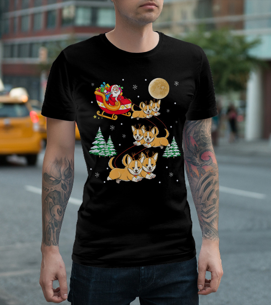 Santa Sleigh with Corgi Reindeer and Full Moon Christmas Scene T-Shirt