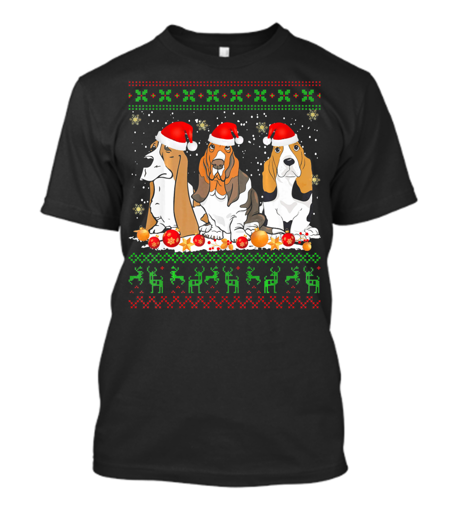 Christmas Basset Hound Santa Hat Ornaments Reindeer Snowflakes T-Shirt