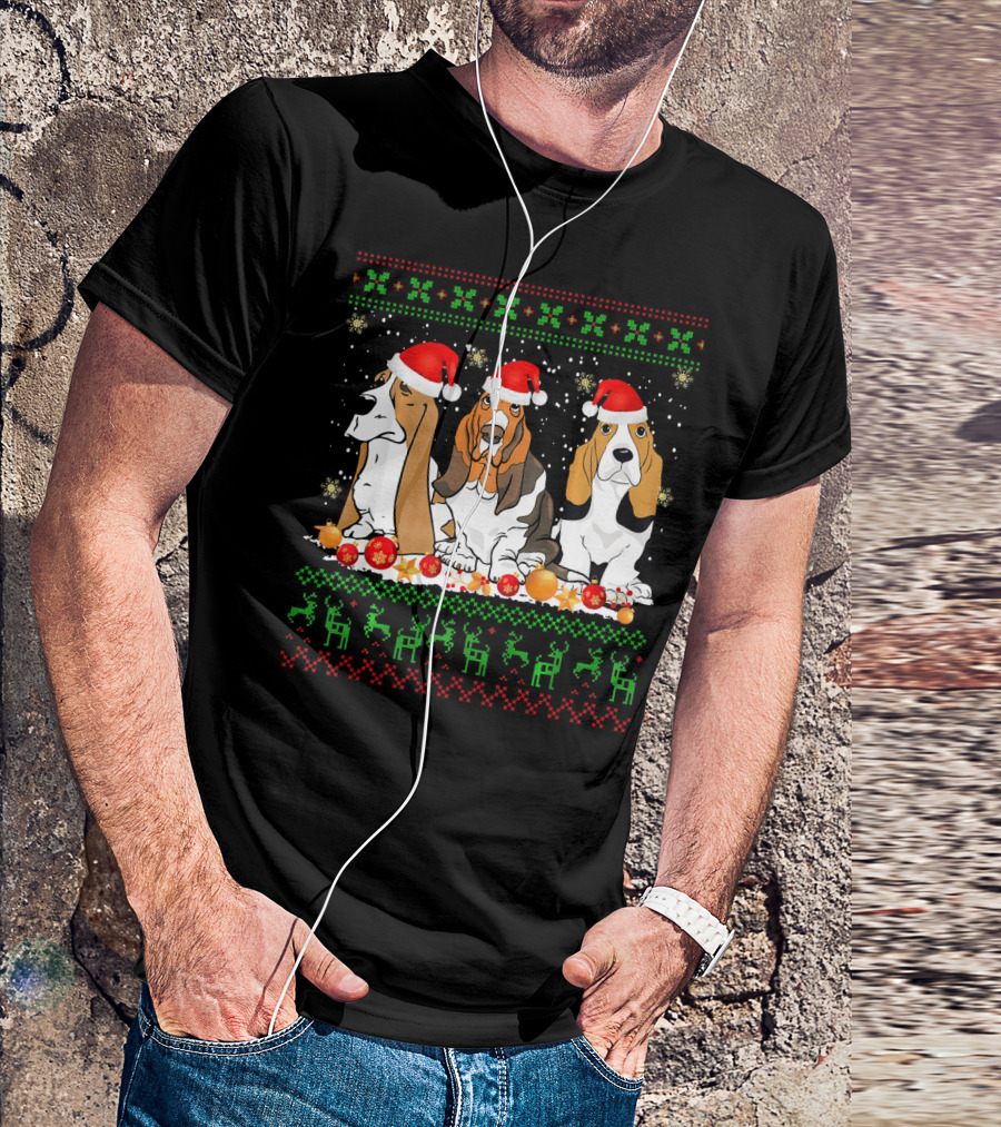 Christmas Basset Hound Santa Hat Ornaments Reindeer Snowflakes T-Shirt