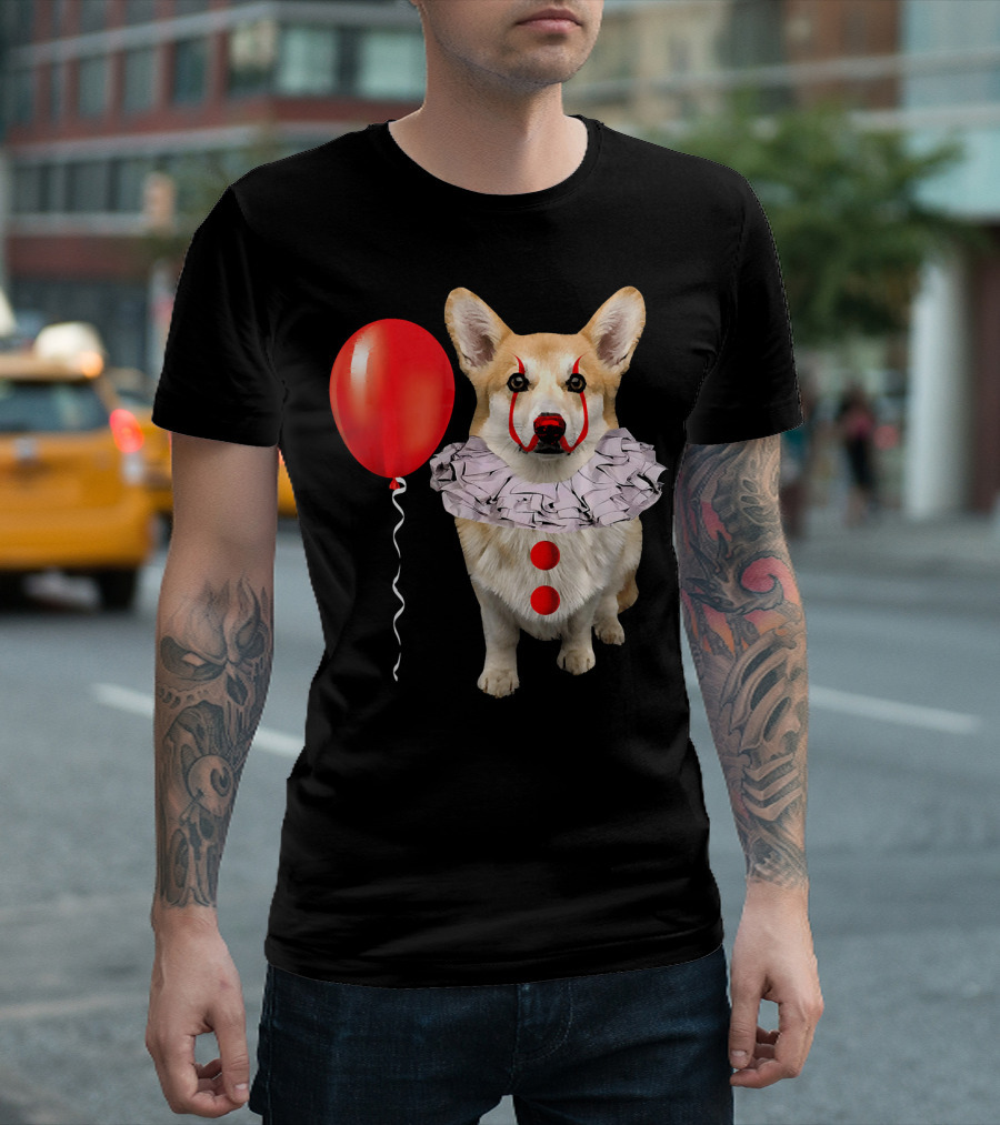 Corgi Scary Clown Funny Corgi Red Balloon T-Shirt
