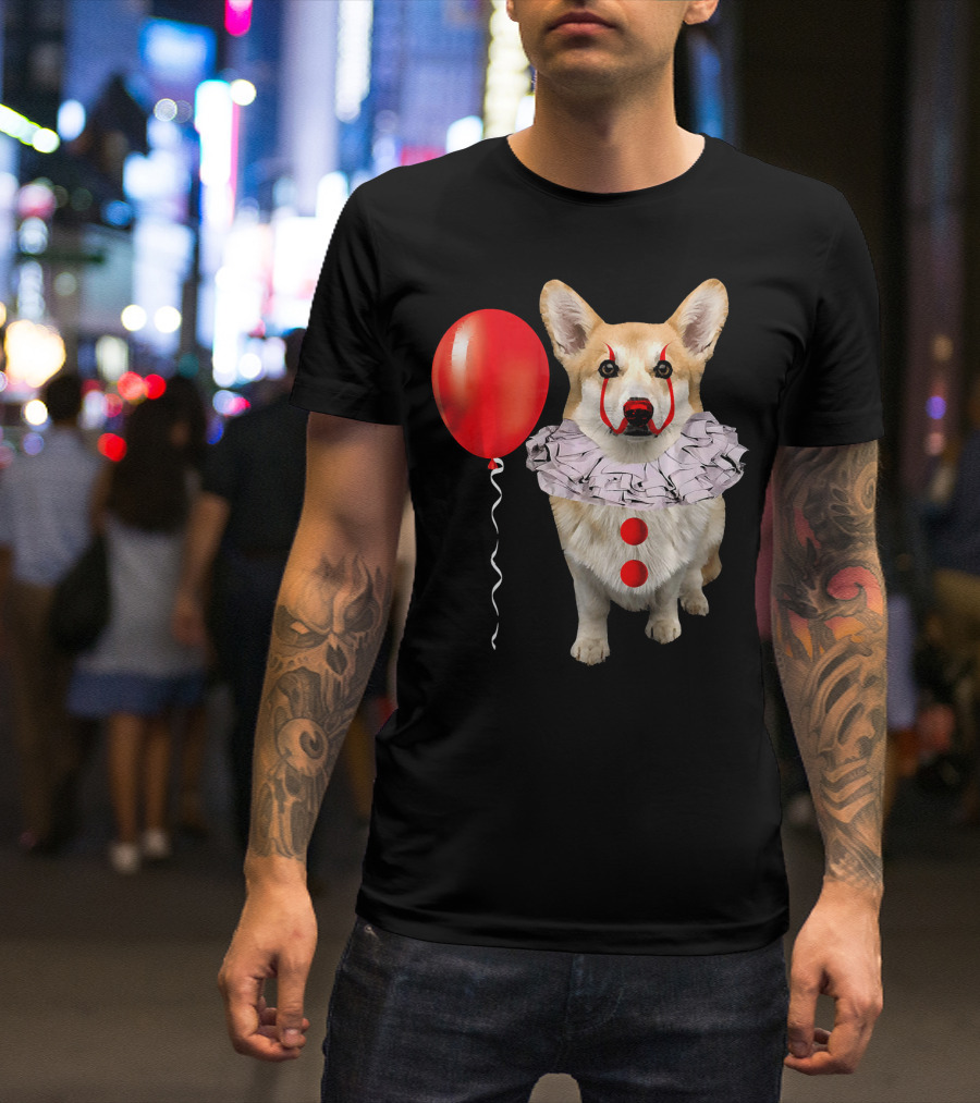 Corgi Scary Clown Funny Corgi Red Balloon T-Shirt