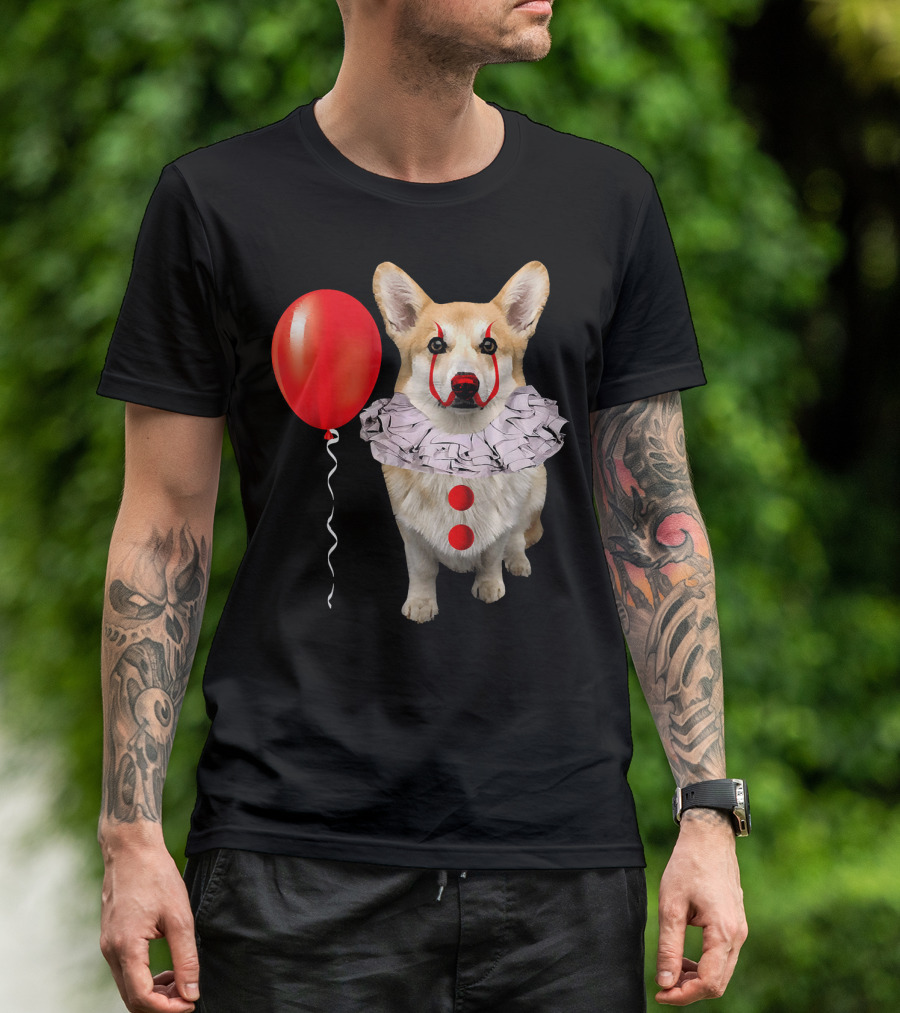 Corgi Scary Clown Funny Corgi Red Balloon T-Shirt