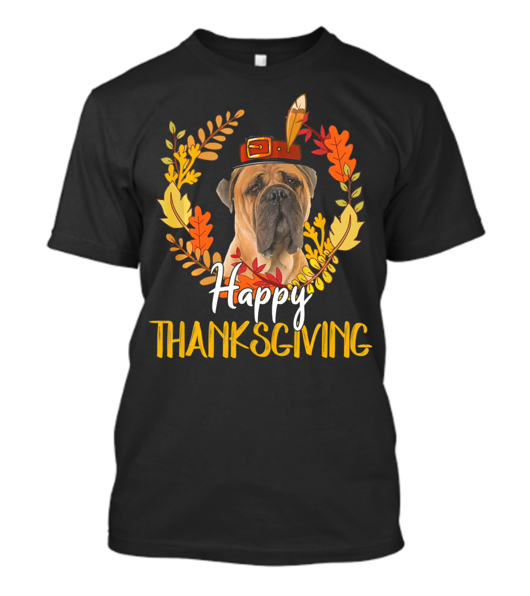 Bullmastiff Happy Thanksgiving Turkey Wreath With Leaves T-Shirt