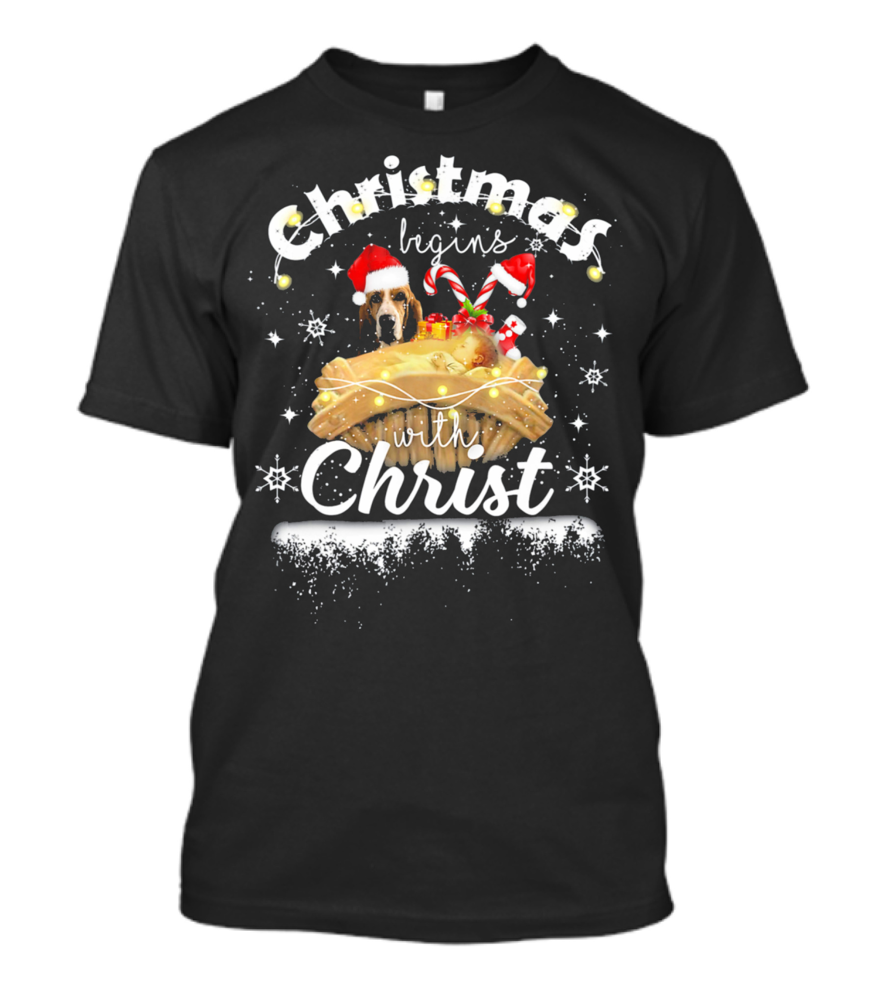 Christmas Begins With Christ Basset Hound Dog Santa Hats Lights Candy Canes T-Shirt