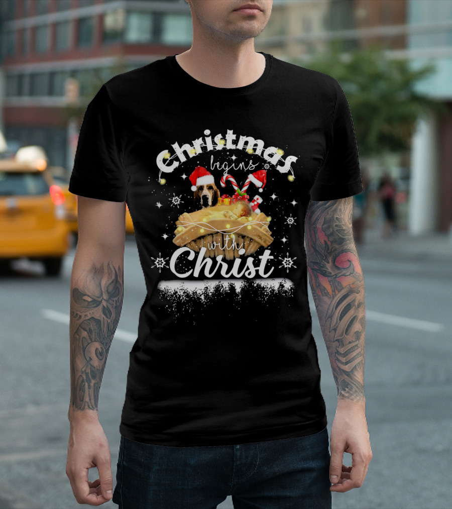 Christmas Begins With Christ Basset Hound Dog Santa Hats Lights Candy Canes T-Shirt