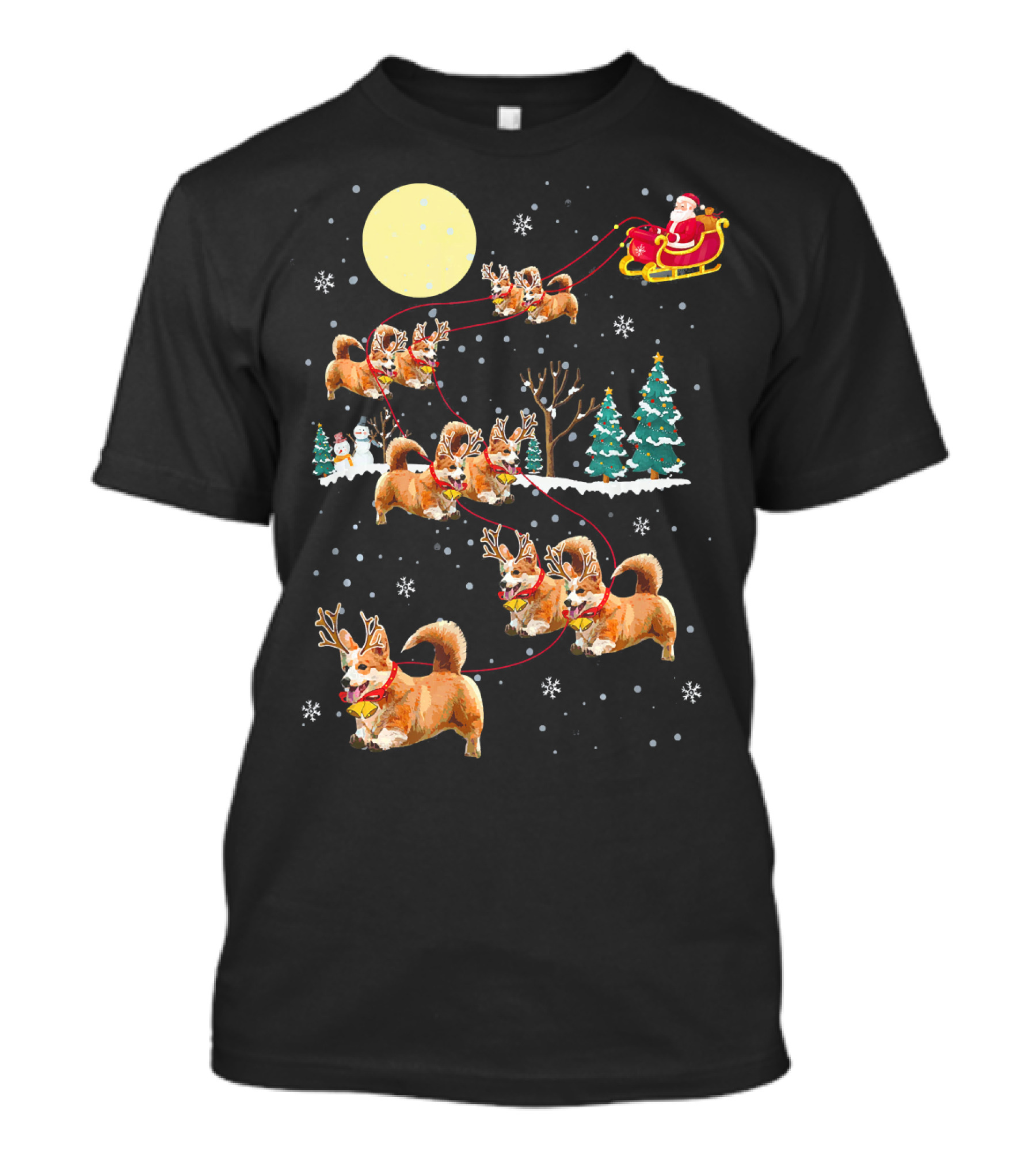 Santa's Sleigh With Christmas Reindeer Corgi Dogs And Snowflakes T-Shirt