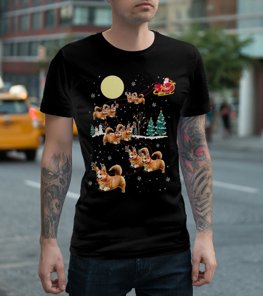 Santa's Sleigh With Christmas Reindeer Corgi Dogs And Snowflakes T-Shirt