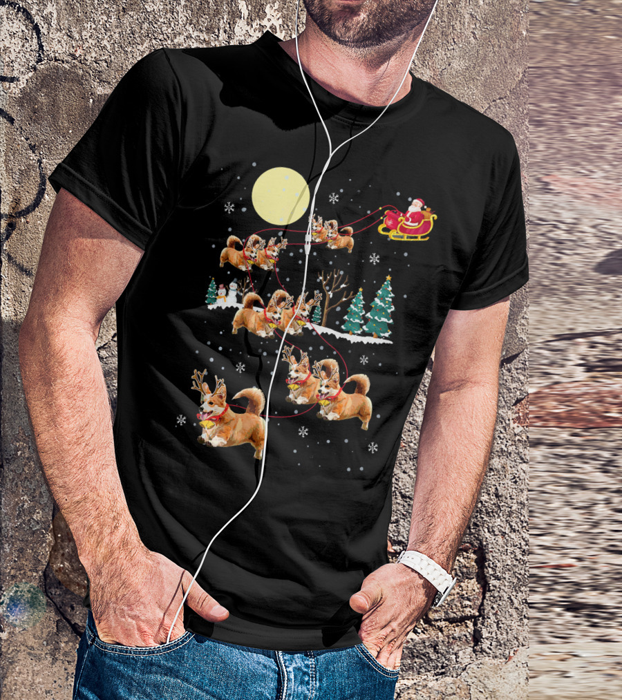 Santa's Sleigh With Christmas Reindeer Corgi Dogs And Snowflakes T-Shirt