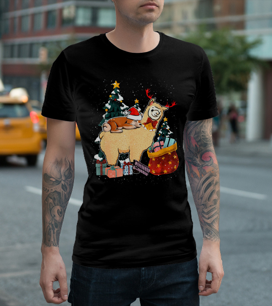 Christmas Cute Santa Corgi on Llama with Gifts and Christmas Trees T-Shirt