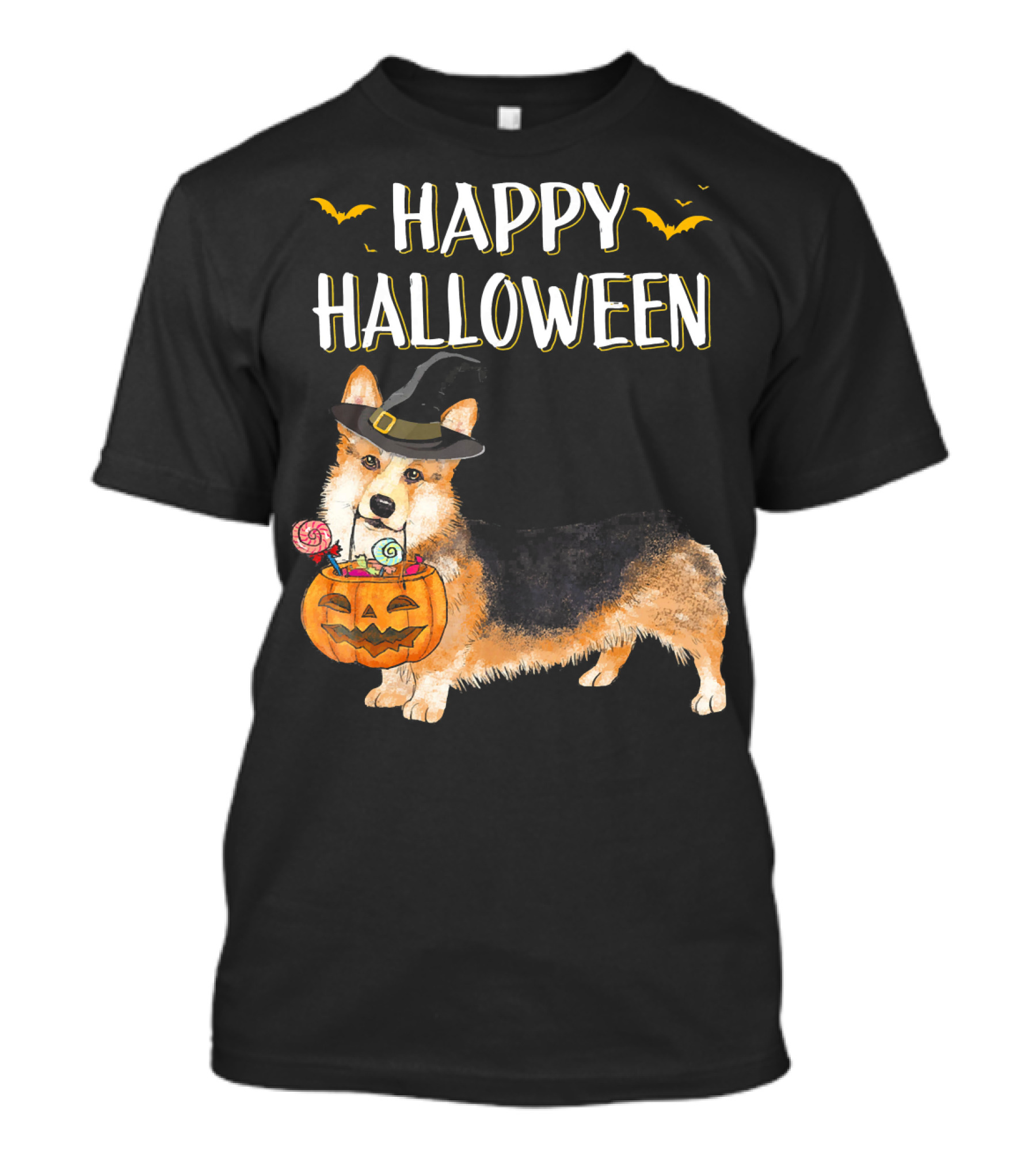Happy Halloween Corgi With Witch Hat And Pumpkin Basket T-Shirt
