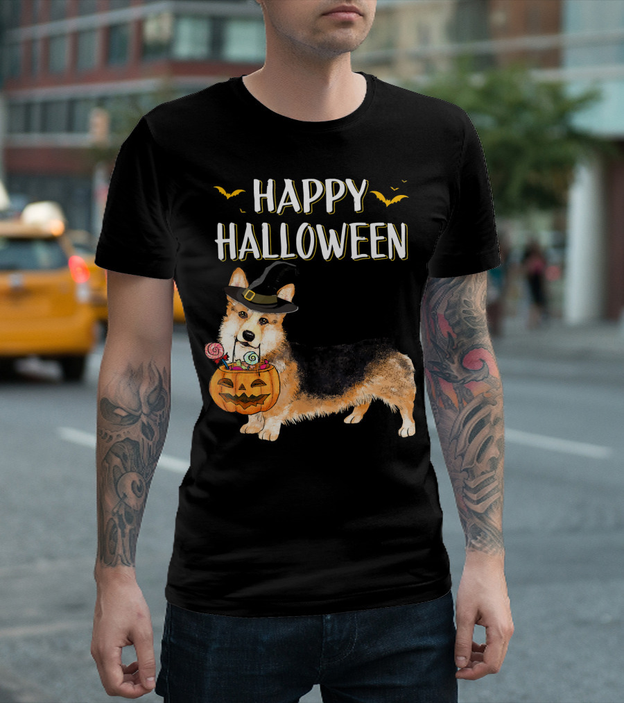 Happy Halloween Corgi With Witch Hat And Pumpkin Basket T-Shirt