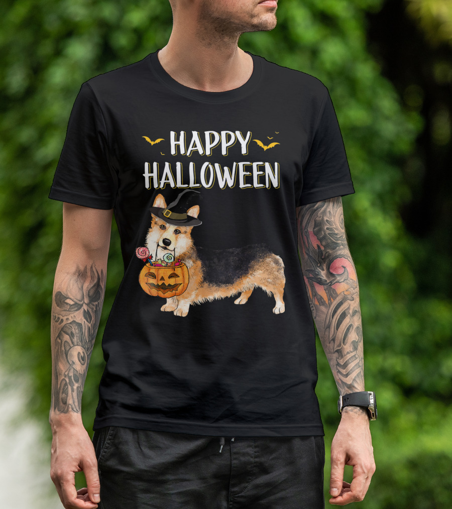 Happy Halloween Corgi With Witch Hat And Pumpkin Basket T-Shirt