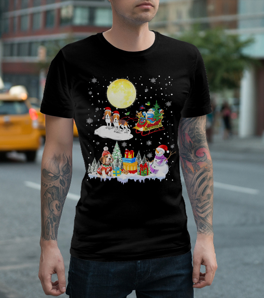 Basset Hound Reindeer Christmas Santa Sled Snowman Gifts Moon Snowflakes T-Shirt