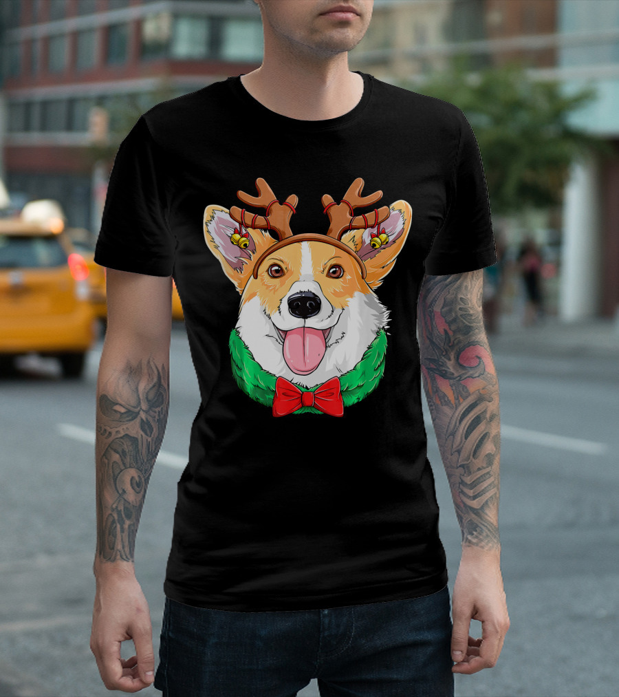 Corgi Christmas Reindeer Antlers Red Bow Green Collar T-Shirt