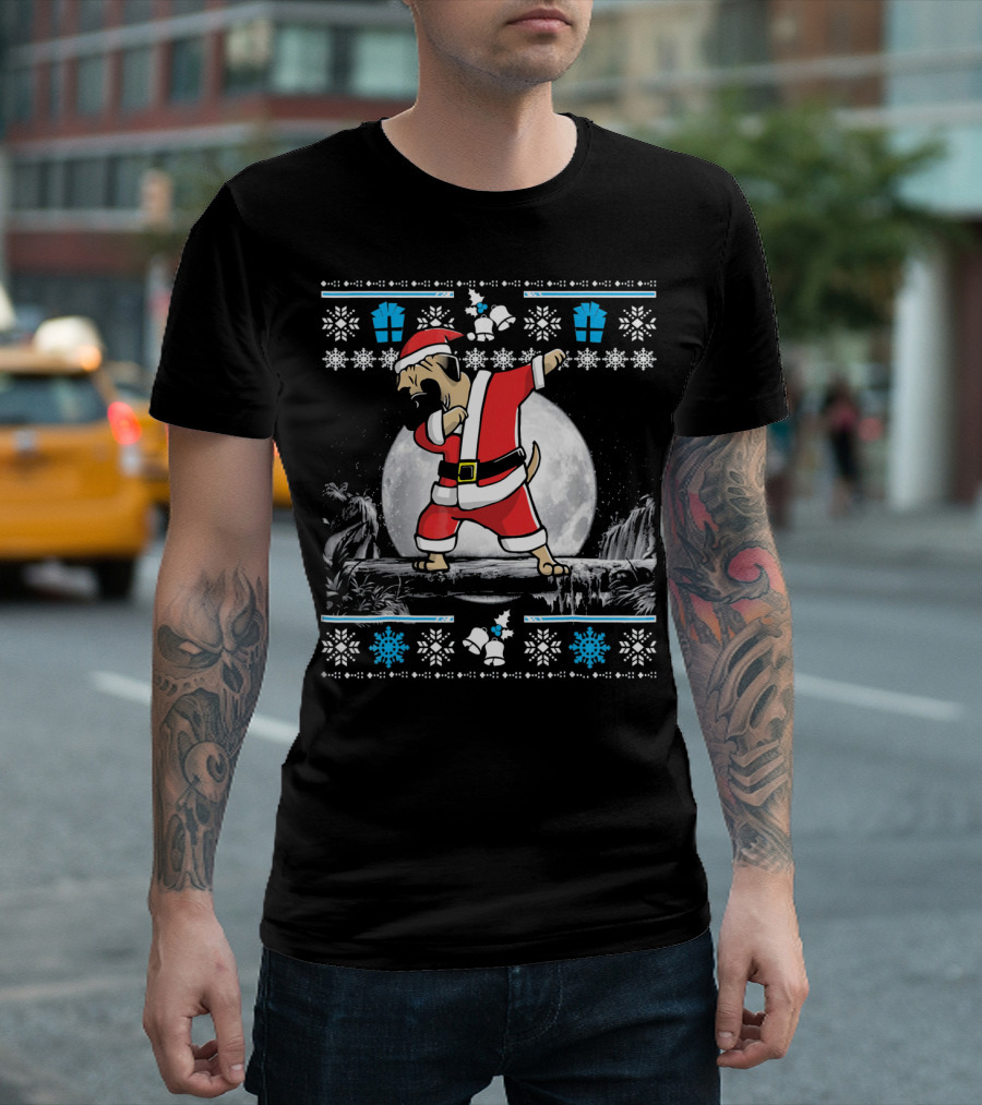 Bullmastiff Dog Dab Dance Santa Claus Ugly Christmas Sweater Moon Snowflakes T-Shirt