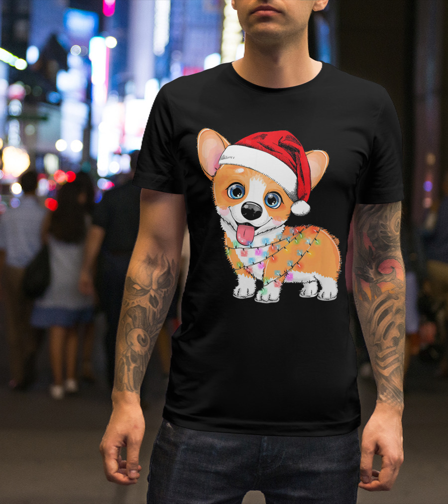 Corgi Christmas Light Funny Dog Santa Hat Love T-Shirt