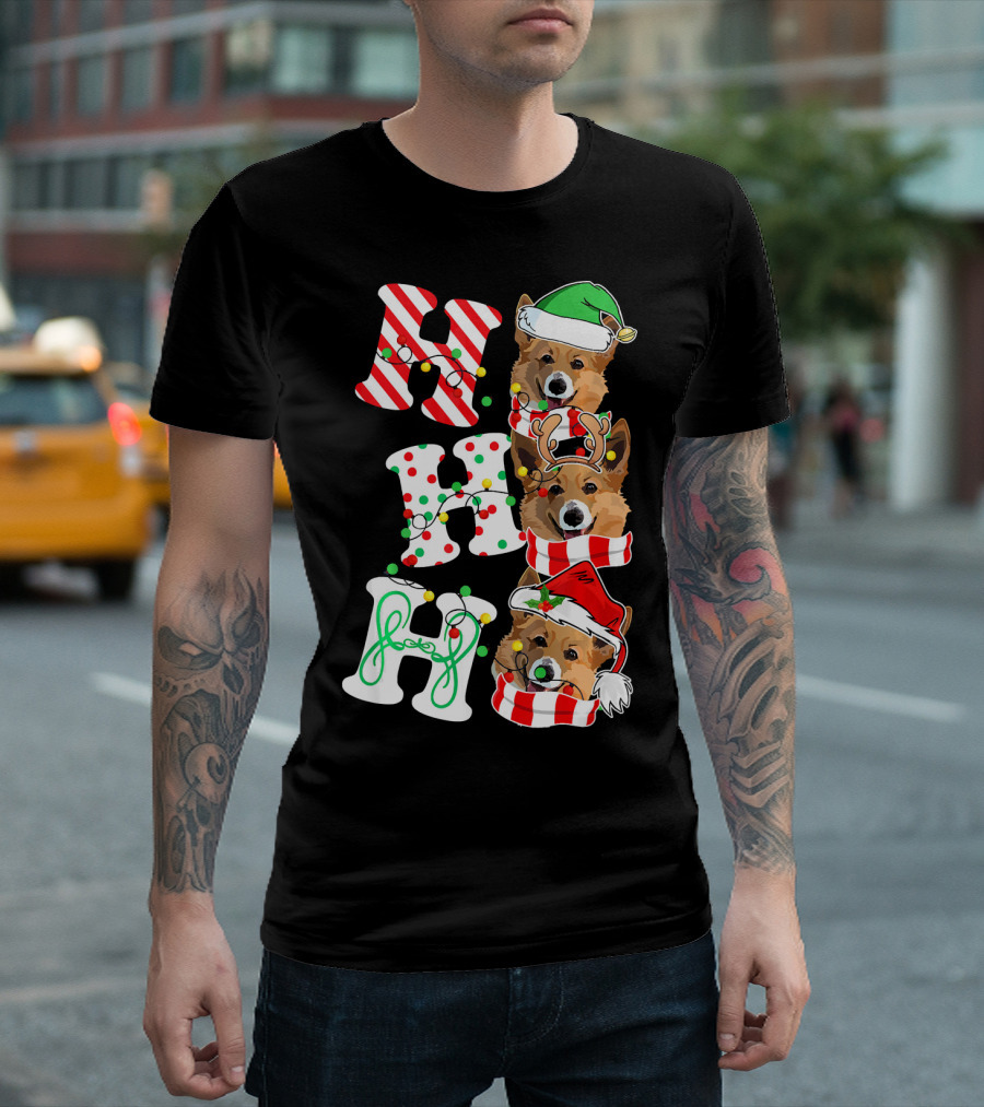 Corgi HO HO HO Christmas Santa Hat Reindeer Antlers Holiday T-Shirt