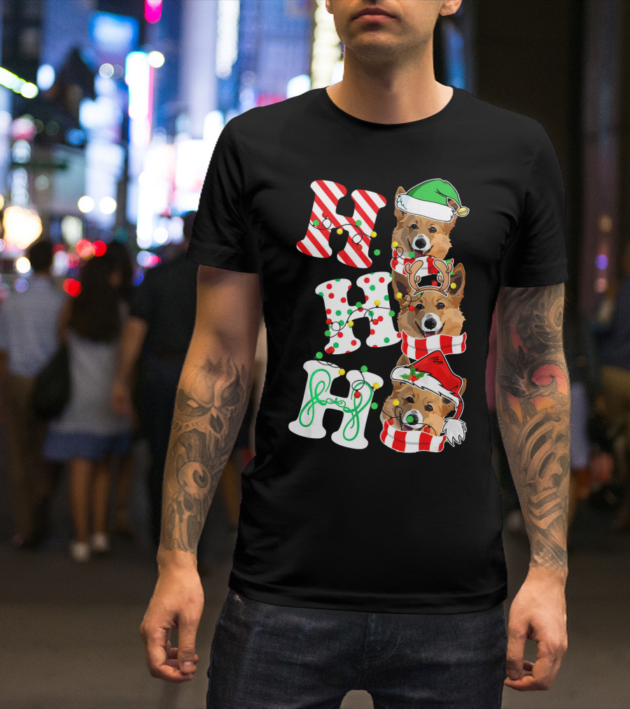 Corgi HO HO HO Christmas Santa Hat Reindeer Antlers Holiday T-Shirt