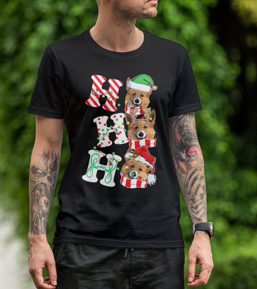 Corgi HO HO HO Christmas Santa Hat Reindeer Antlers Holiday T-Shirt