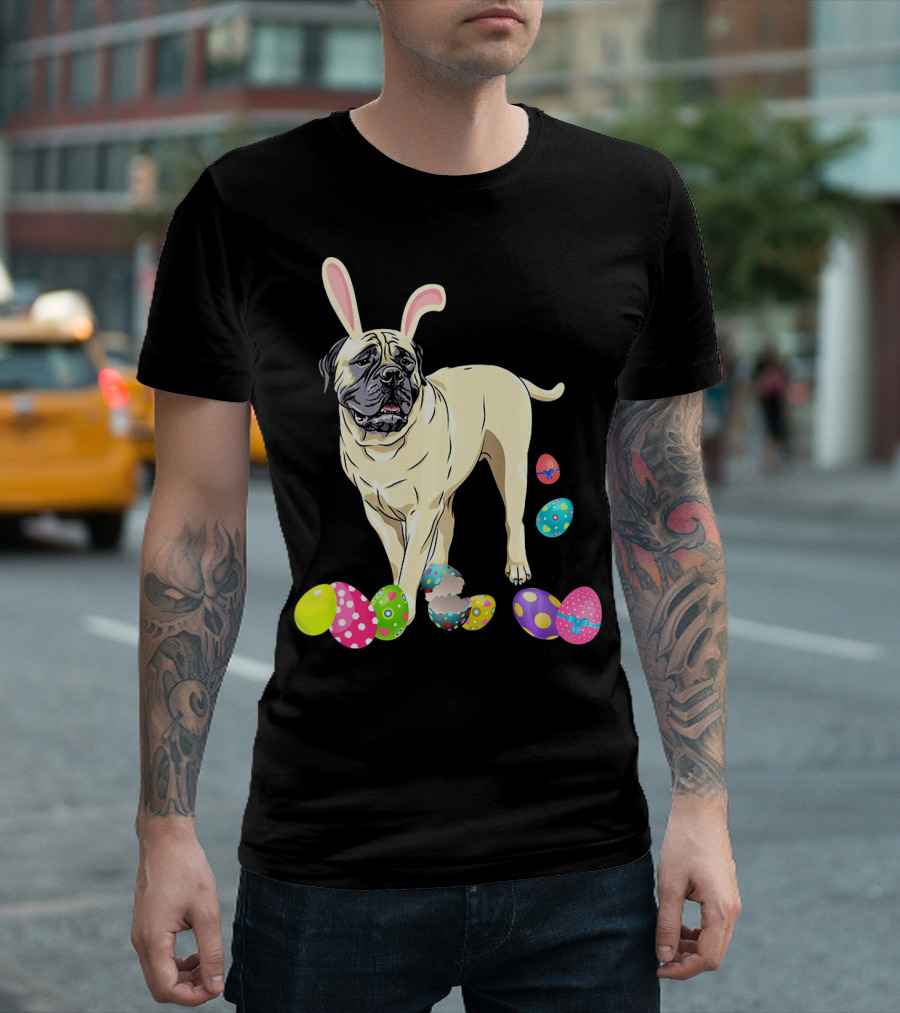 BullMastiff Dog Bunny Ears Easter Eggs T-Shirt