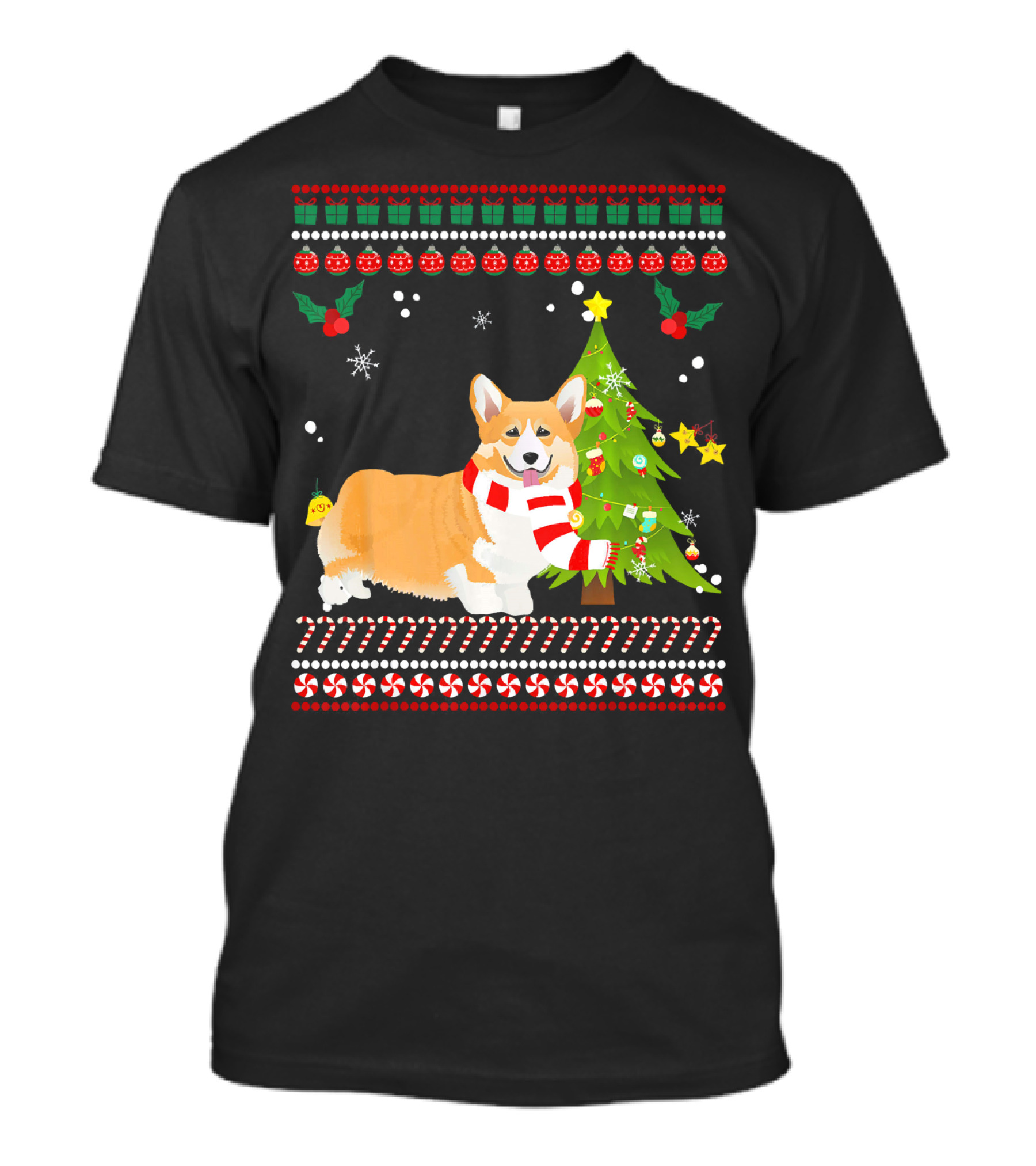 Welsh Corgi With Christmas Pine Tree And Candy Cane Border T-Shirt