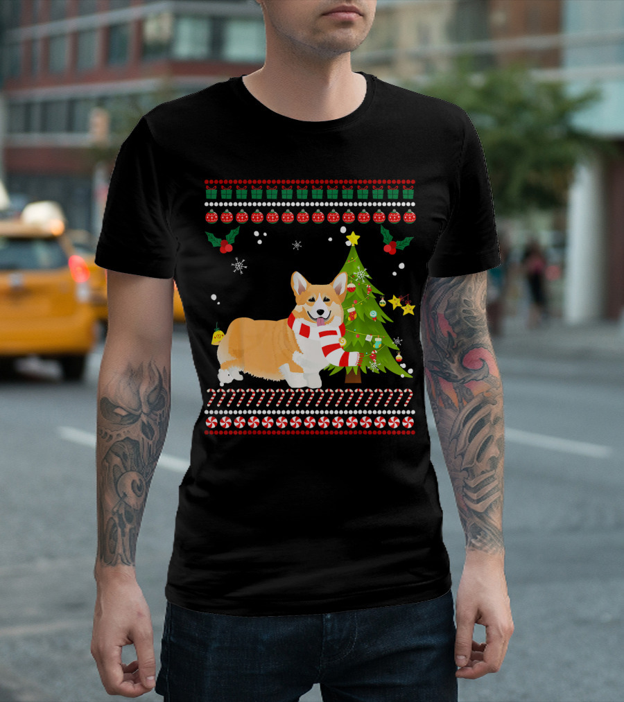 Welsh Corgi With Christmas Pine Tree And Candy Cane Border T-Shirt