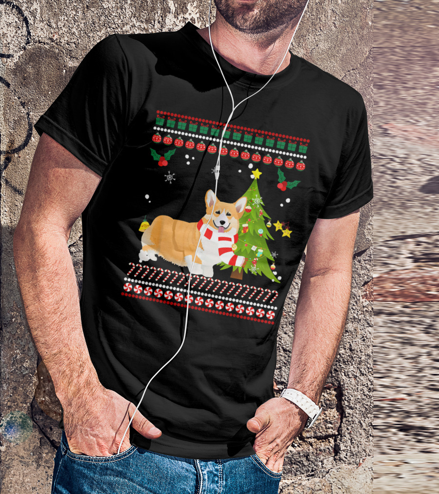 Welsh Corgi With Christmas Pine Tree And Candy Cane Border T-Shirt