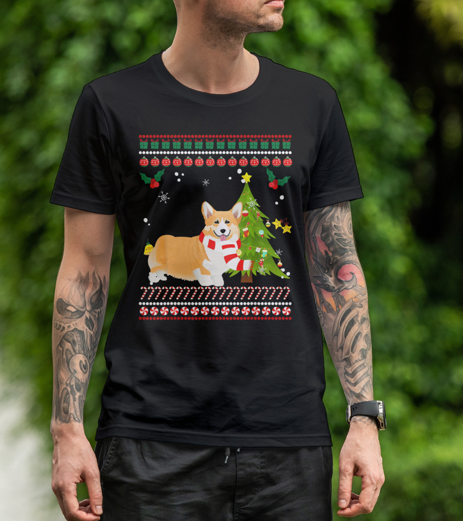 Welsh Corgi With Christmas Pine Tree And Candy Cane Border T-Shirt