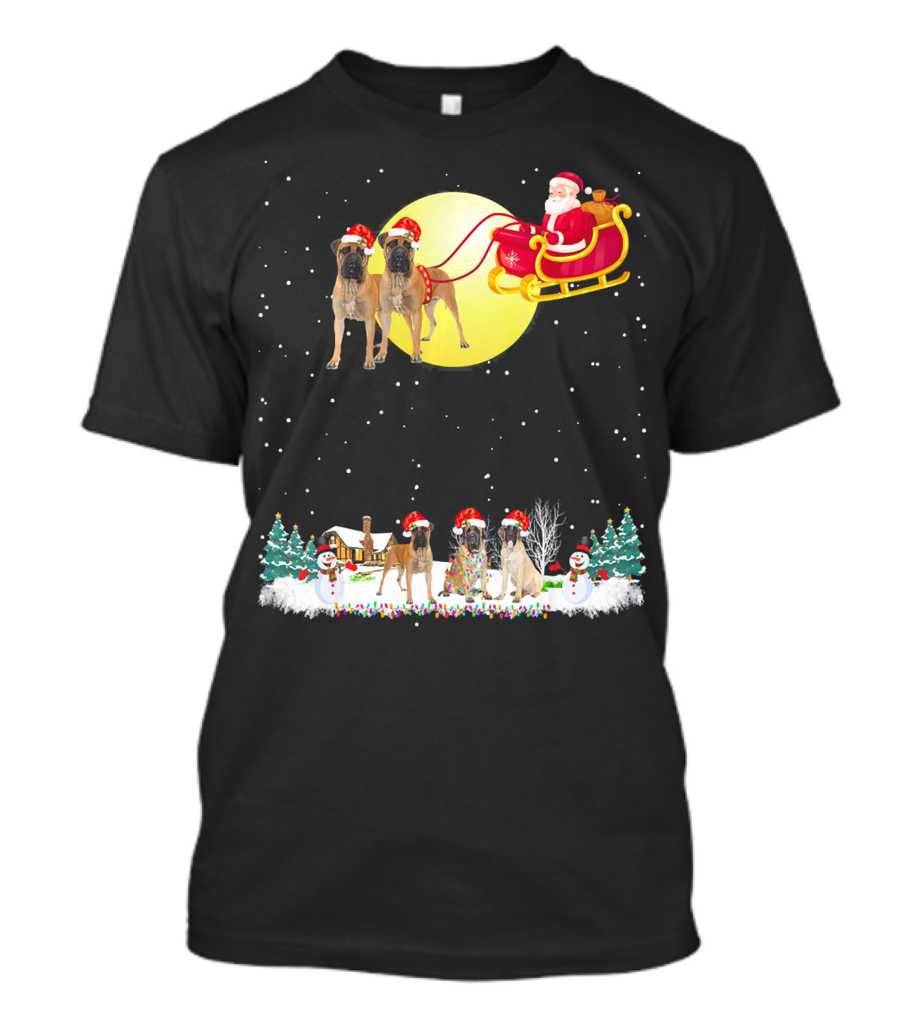Bullmastiff Christmas Reindeer With Santa And Festive Lights T-Shirt