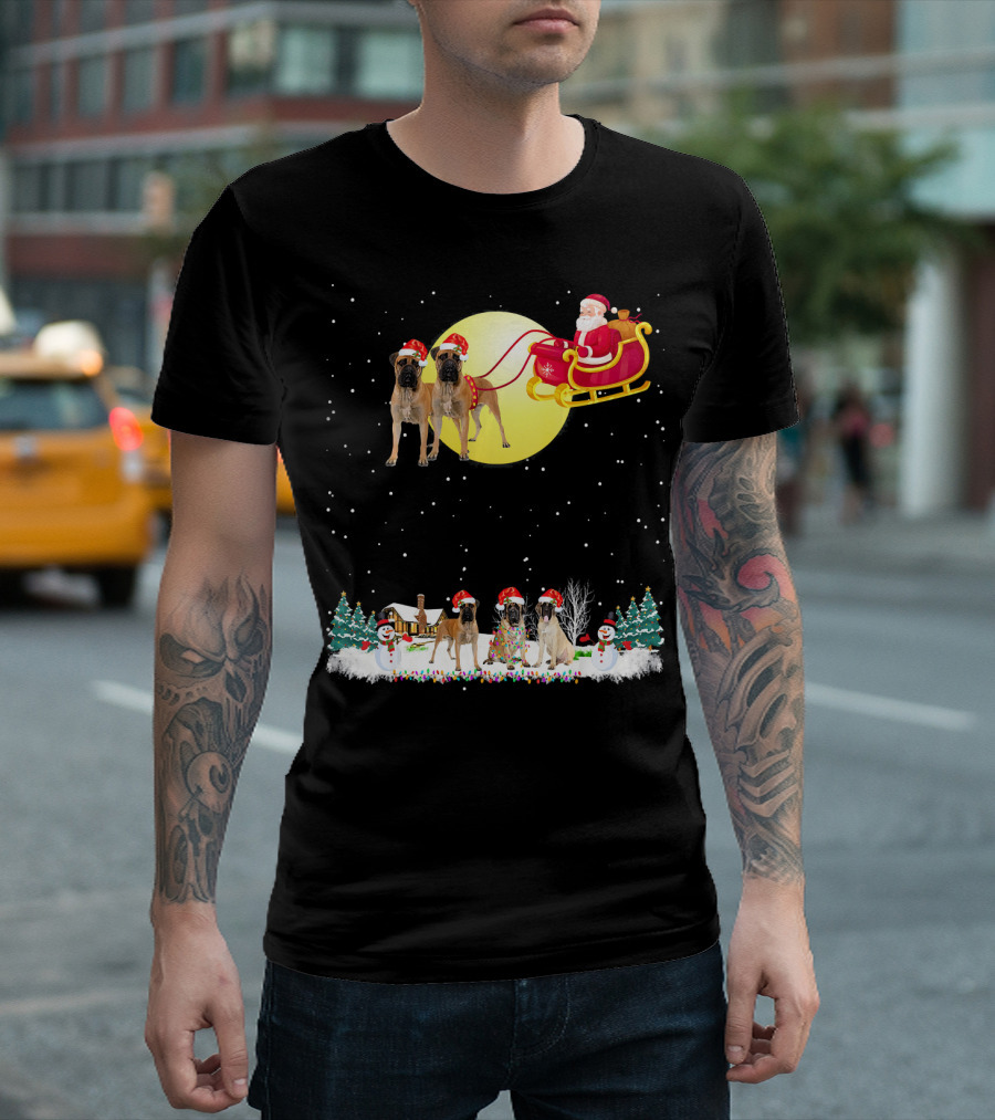 Bullmastiff Christmas Reindeer With Santa And Festive Lights T-Shirt