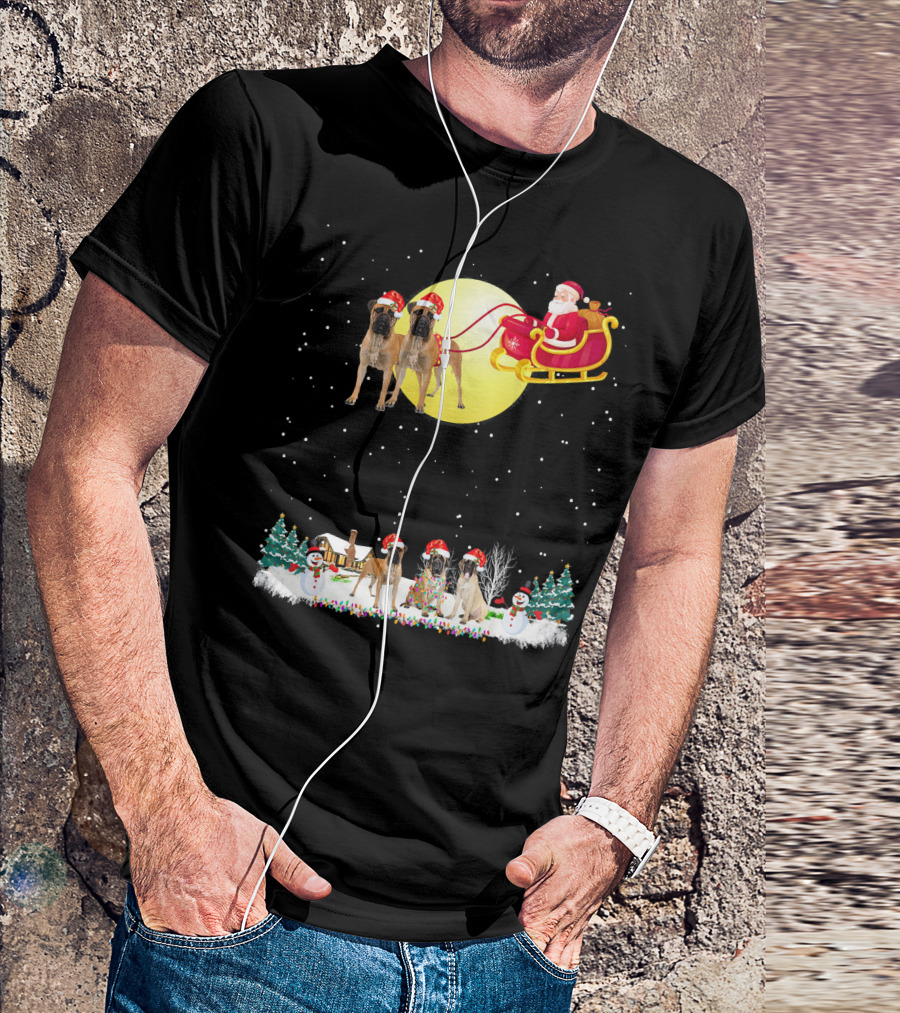 Bullmastiff Christmas Reindeer With Santa And Festive Lights T-Shirt