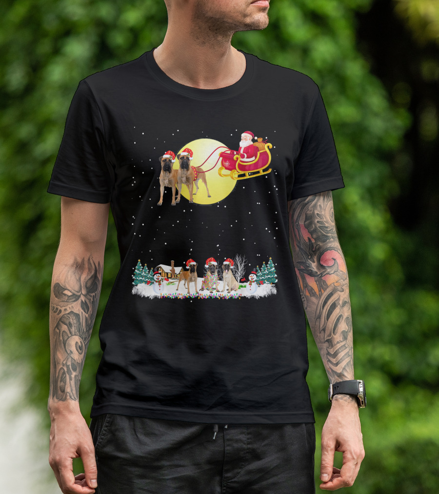 Bullmastiff Christmas Reindeer With Santa And Festive Lights T-Shirt
