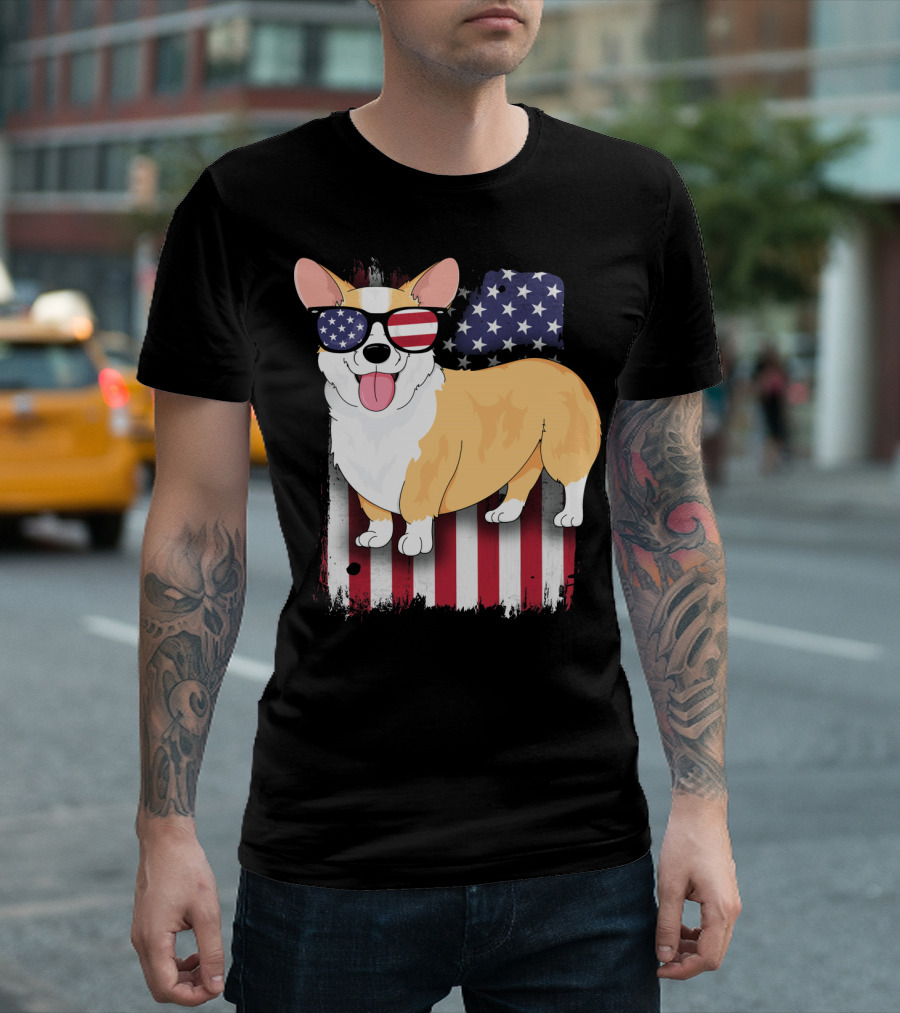 Corgi Wearing American Flag Sunglasses with USA Flag Background T-Shirt