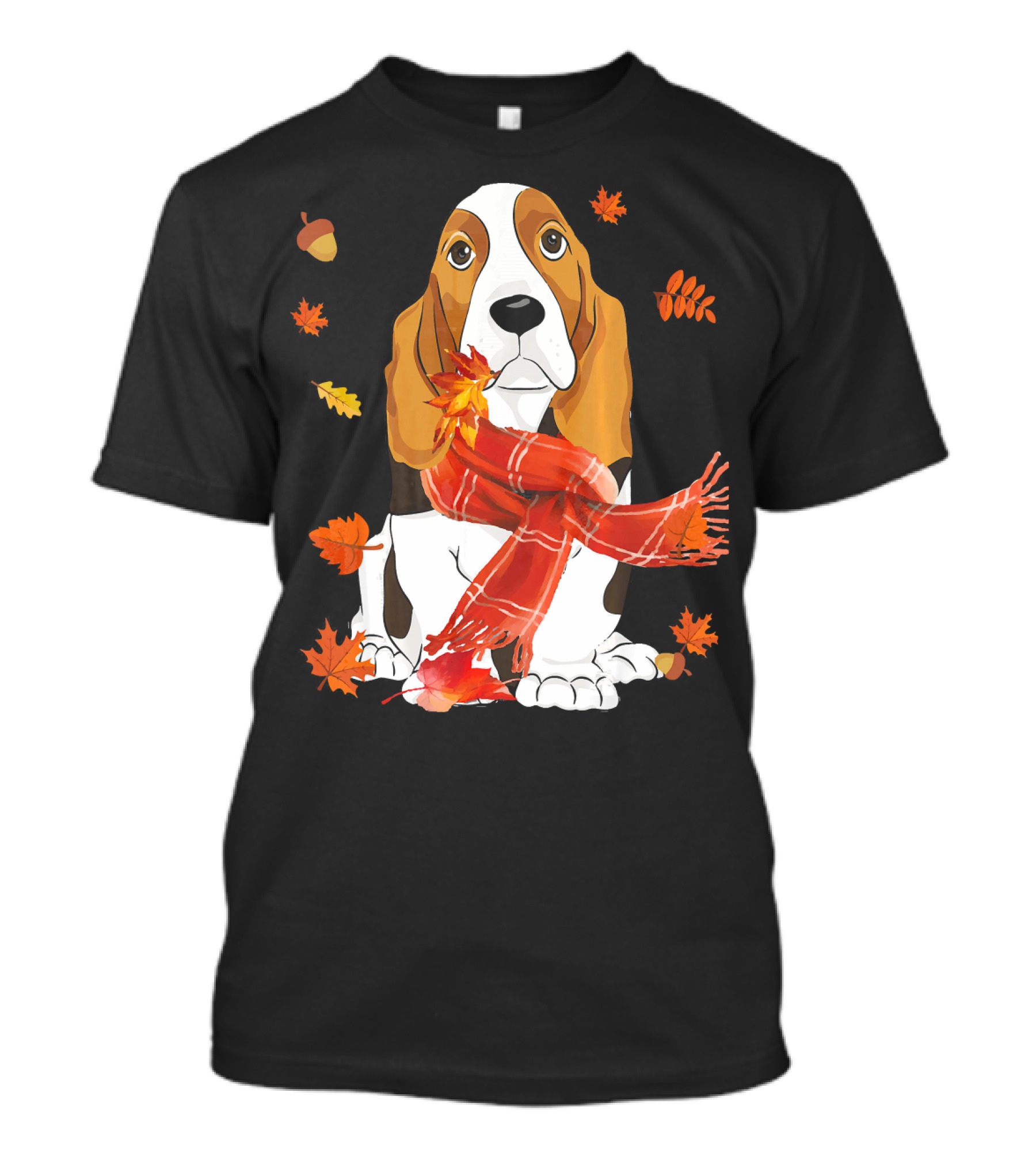 Cute Basset Hound Dog In Red Scarf With Autumn Leaves And Acorns T-Shirt